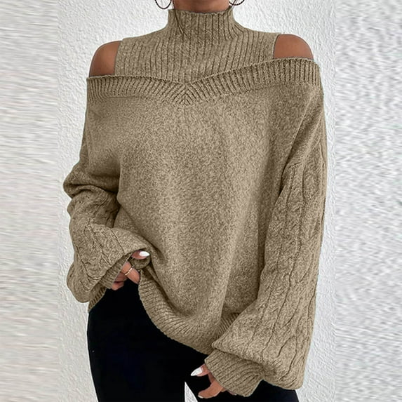 Bnwani Loose Turtleneck Sweater Women Lantern Sleeve Knit Solid Color Cold Shoulder Long Sleeve Turtleneck Khaki Women's Sweaters Size M(US:6)