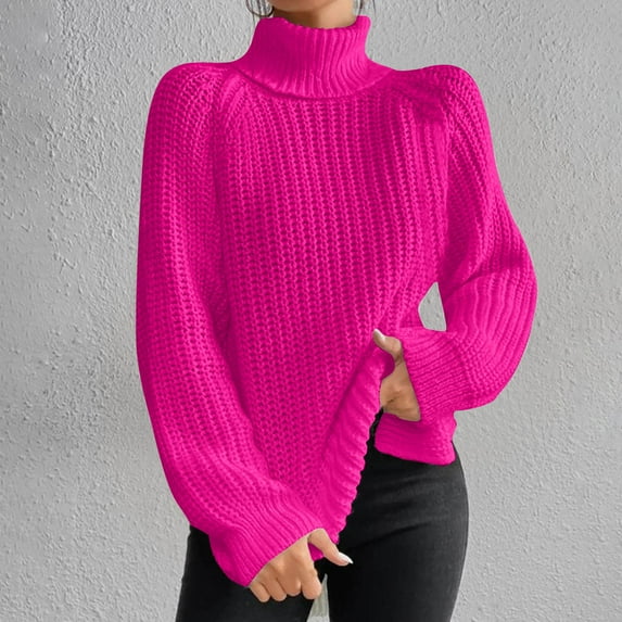 Bnwani Loose Turtleneck Sweater Women Solid Color Knit Long Sleeve Top Pullover Hot Pink Sweater Women Size 2XL(US:12)