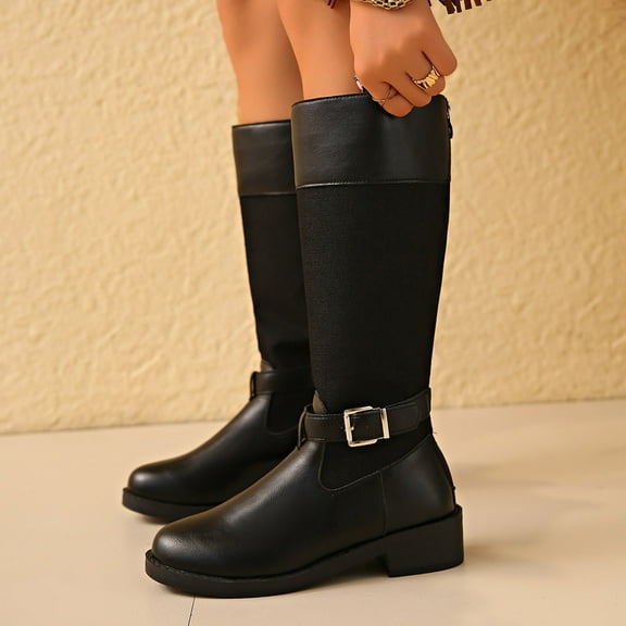 Bnwani Low Heel Boots Women Fall Winter Fashion Thick Chunky Mid-Calf Versatile Casual Sweet Splicing Boot Black Size 9