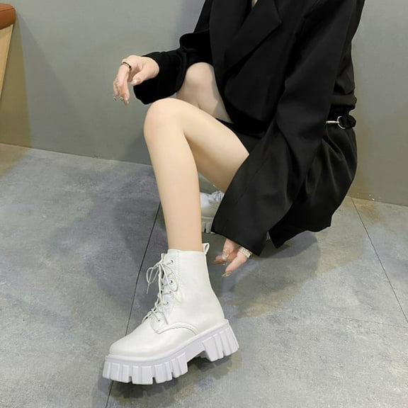 Bnwani Low Heel Boots Women Fall Winter Fashion Toe Thick Ankle Versatile Casual Boot White Size 7