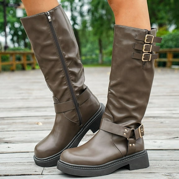 Bnwani Low Heel Boots for Women Fashion Toe Zipper Chunky High Knee-High Casual Solid Boot Brown Size 5.5