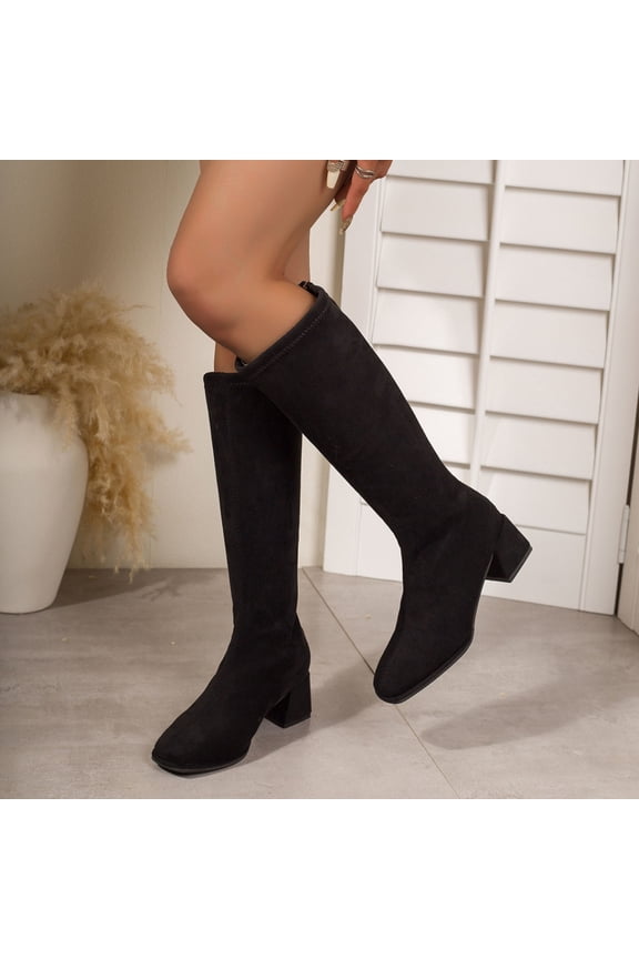 Bnwani Low Heel Boots for Women Winter Fashion Toe Square Zipper Thick Chunky High Knee-High Casual Solid Boot Black Size 5