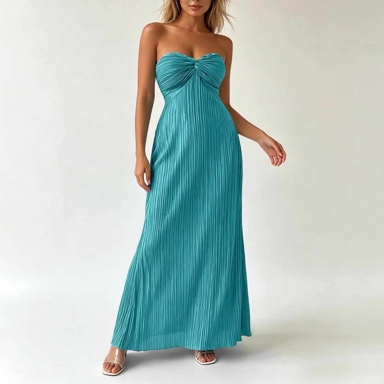 Split Solid Bnwani Maxi Dresses for Women,Summer Dresses,Bandeau,Pleated,Side Split ...