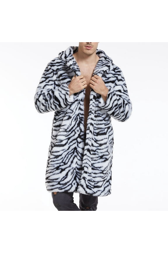 Men Winter Jacket Faux Leather Men Leopard Warm Fashion Outdoor Woolen Faux-Fur' Coat Collar Overcoat White Size 2xl
