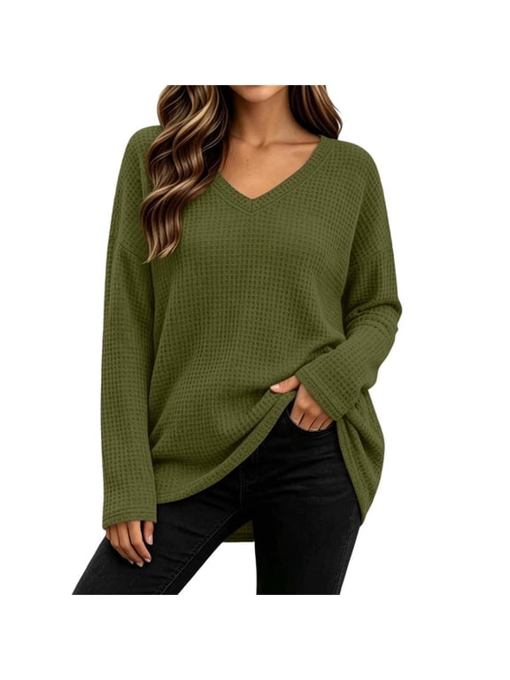 Womens Plus Size Waffle Knit Shirts Casual Pullover Loose Blouse Long Sleeve V Neck Top for Fall Winter Daily Wear Army Green L