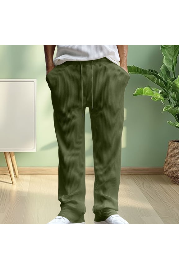 Mens Pants Casual with Pockets Striped Daily Trousers Loose Straight Leg Solid Color Army Green for L