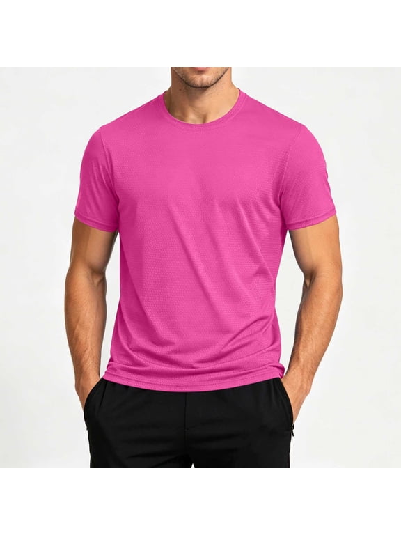 Mens Shirts Solid Color Summer Shirts for Men Short Sleeve Casual Tee Hot Pink S