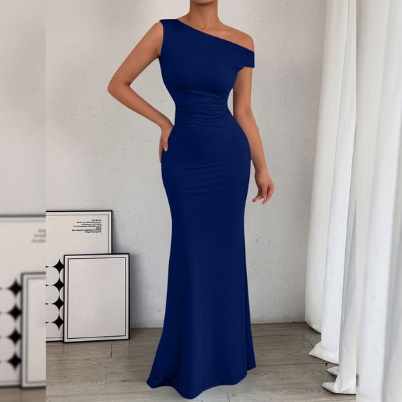 Bnwani Mermaid Dresses,Ladies Dresses,One Shoulder,Sleeveless,Slim Fit,Solid,Navy,M