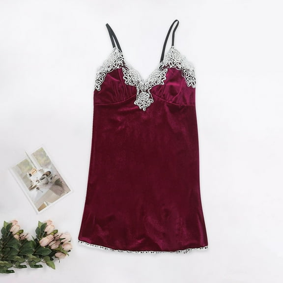 Bnwani Nightgowns for Women V-Neck Thin Satin Strap Solid Casual Lace Red Size M-2XL