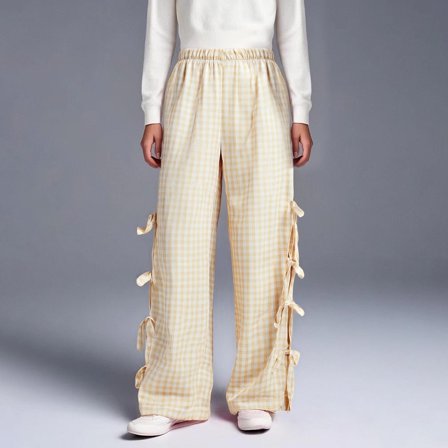 Bnwani Pants for Girls Wide Leg Pull On Pants Plaid Casual Loose Full Length Pants Side Bow Lace Up Beige