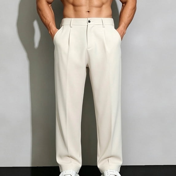 Bnwani Pants for Men Fashion Draped Business Straight Leg Dress Pants Pleated Button Loose Beige for L