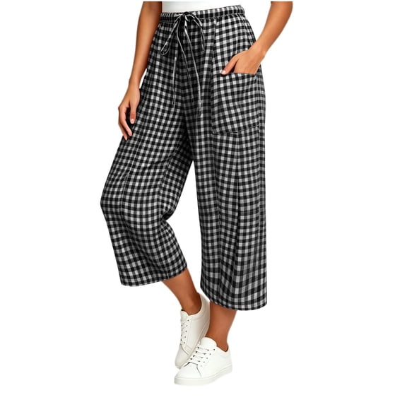 Bnwani Plaid Pants for Women, Drawstring Fashion Causal Pants Wide Leg Shraight
