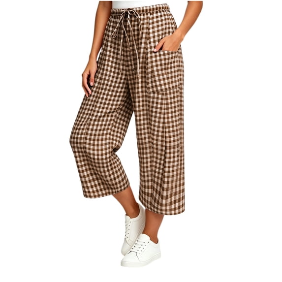 Bnwani Plaid Pants for Women, with Pocket outdoor Causal Pants Loose Elastic Waist
