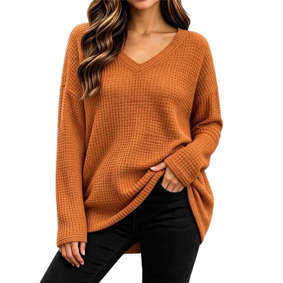 Bnwani Plus Size Blouses for Womens V Neck Waffle Knit Long Sleeve Top, Loose Casual Pullover Shirts for Fall Winter Daily Wear Orange 4XL