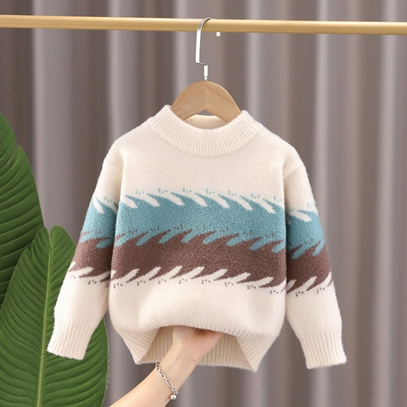 Bnwani Pullover Sweater White Girls Knitted Cotton Crew Neck Long Sleeve Thickened Sweater Blue