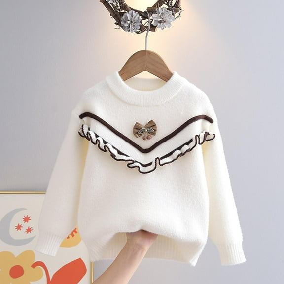 Bnwani Pullover Sweater for Girls Winter Fashion Knitted Cotton Crew Neck Thickened Solid Sweater Beige