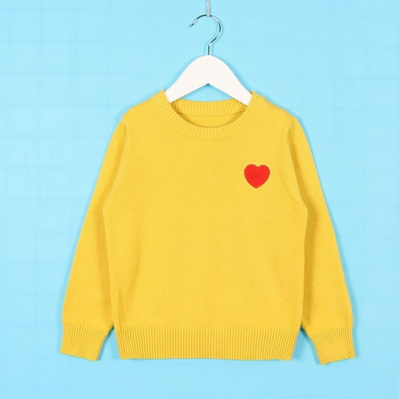 Bnwani Pullover Sweaters for Kids Knitted Crew Neck Warm Heart Printed Sweater Yellow