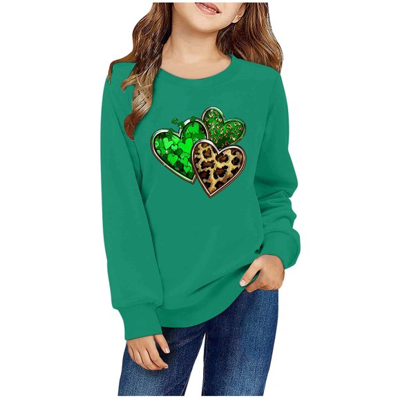 Bnwani Pullover Sweatshirts for Girls Crew Neck Long Sleeve Cotton Print Green Size 8-9 Years
