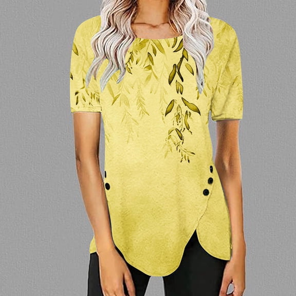 Bnwani Shirts for Women Going Out Tops Fashion Plus Size Crew Neck Printed Yellow L(US:8)