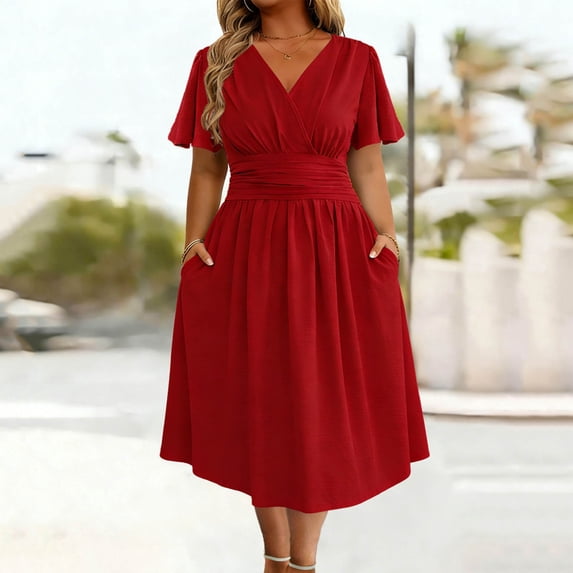 Bnwani Short Sleeve Dresses,Summer Dresses for Women,Ruched,Fitted Waist,Solid,Casual,Red,2XL