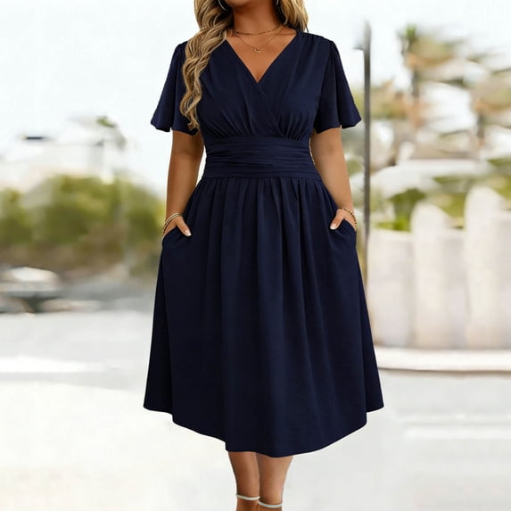 Bnwani Short Sleeve Dresses,Womens Dresses,Ruched,Fitted Waist,Solid,Casual,Navy,S