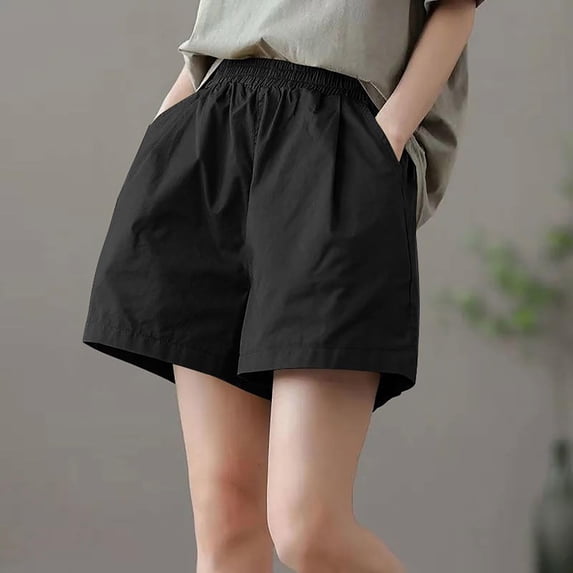 Bnwani Shorts with Pockets for Women,Summer Shorts for Women,Elastic Waist,Pockets,Casual,Solid,Black,XL