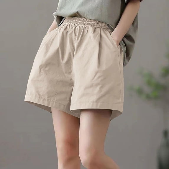 Bnwani Shorts with Pockets for Women,Summer Shorts for Women,Elastic Waist,Pockets,Casual,Solid,Khaki,L