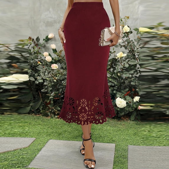 Bnwani Skirts for Women,Womens Skirt,High Waist,Fish Tail,Solid,Cutout,Wine,M
