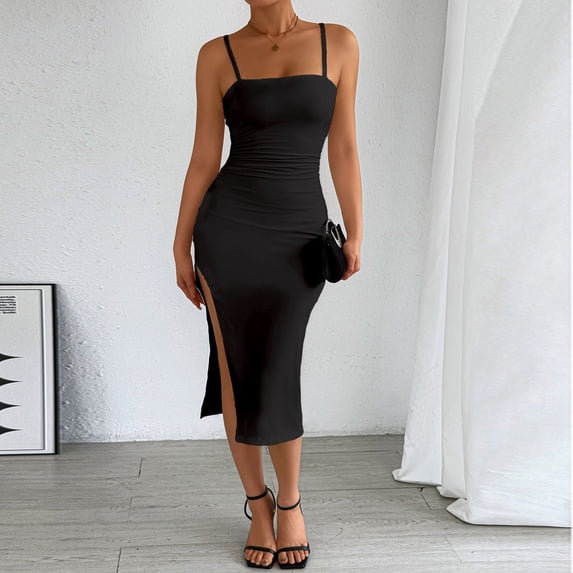 Bnwani Sleeveless Dresses,Dresses for Women,Bodycon,Ruched,Slim Fit,Square Neck,Black,S