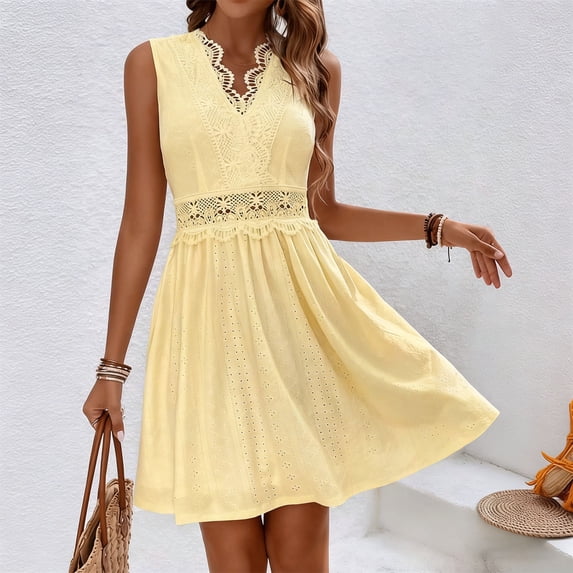 Bnwani Sleeveless Dresses,Summer Dresses,Color Block,V-Neck,Fitted Waist,Knee Length,Yellow,M