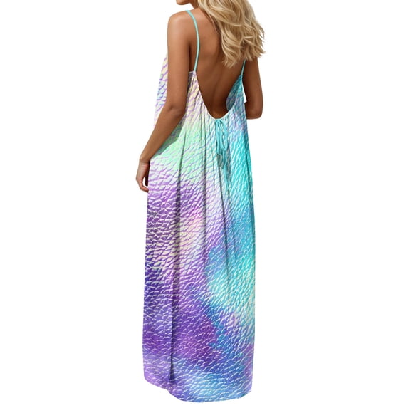 Bnwani Slip Dresses,Summer Dresses,Backless,Ankle Length,Printed,Crew Neck,Light Blue,5XL