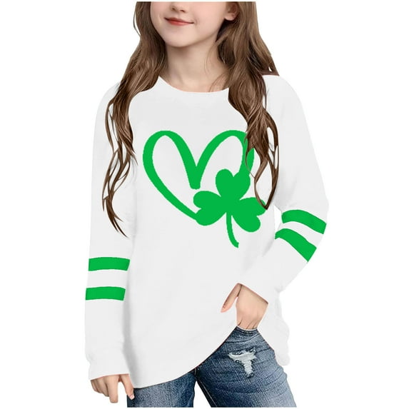 Bnwani St. Patricks Day Long Sleeve Toddler Shirts Girls White Crew Neck Casual Fashion Cute Printed Tops 7-8 Years
