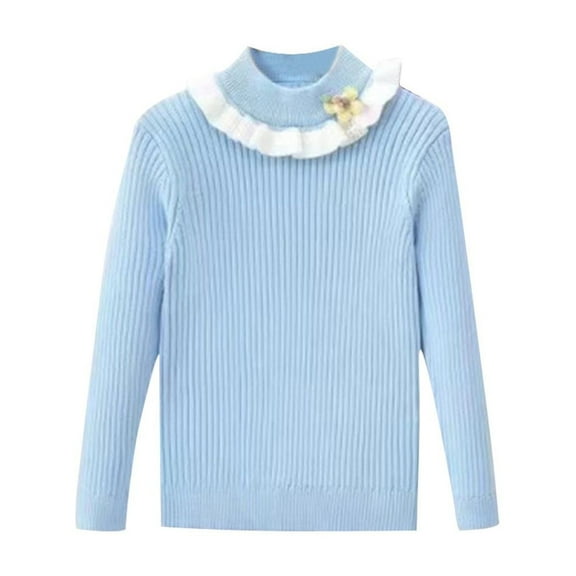 Bnwani Striped Sweater for Girls Winter Fashion Knitted Cotton Crew Neck Turtleneck Long Sleeve Thickened Warm Casual Solid Sweater Blue