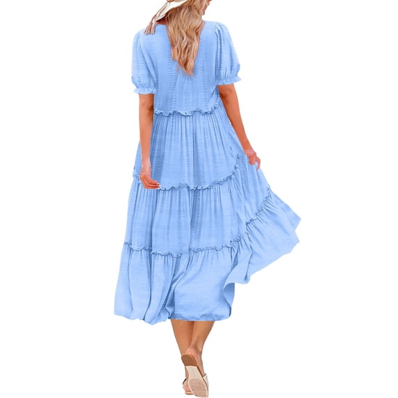 Bnwani Summer Dresses,Ladies Dresses,Crew Neck,Tiered,Lace,Short Sleeve,Light Blue,2XL