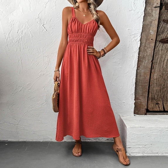 Bnwani Summer Dresses,Women's Dresses,Fitted Waist,V-Neck,Solid,Sleeveless,Red,S