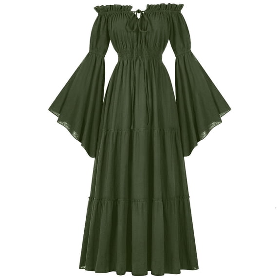 Bnwani Summer Dresses,Women's Dresses,Off Shoulder,Ruffle,Drawstring,Long Sleeve,Green,L