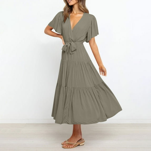Bnwani Summer Maxi Dresses for Women,Dresses for Women,V-Neck,Drawstring,Short Sleeve,Flare,Army Green,L