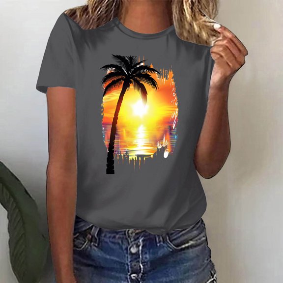 Bnwani Summer Tops for Women Tops for Women Plus Size Plus Size Basic Printed Dark Gray L(US:8)