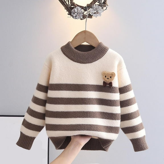 Bnwani Sweaters for Girl Toddler Knitted Cotton Crew Neck Long Sleeve Comfortable Casual Striped Bear Sweater Brown