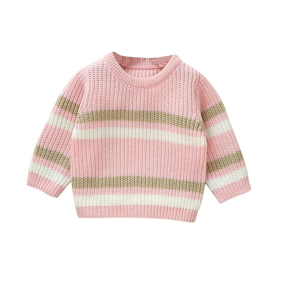 Bnwani Sweaters for Girls Kids Knitted Crew Neck Long Sleeve Warm Striped Sweater Pink