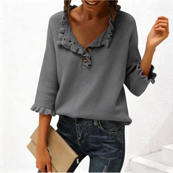 Bnwani Sweaters for Women, Fall and Winter Loose Ruffled 3/4 Sleeve Plus Size V-Neck Tops Button-Accented Gray M