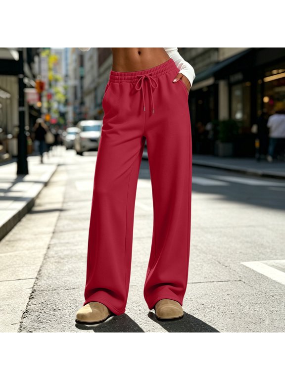 Sweatpants for Women with Pockets, Wide Leg Adjustable Fall and Winter Full Length Pants Minimalist Red L