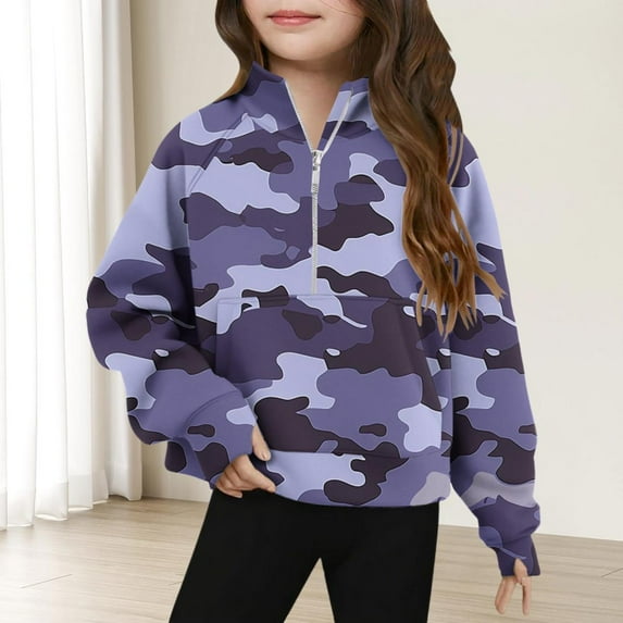 Bnwani Sweatshirt Girls Zip Mock Neck Long Sleeve Half Zip Crop Fleece Sweatshirt Camouflage Pullover