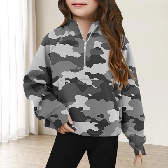 Bnwani Sweatshirt for Girls Zip Mock Neck Long Sleeve Half Zip Crop Fleece Sweatshirt Camouflage Pullover