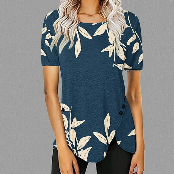 Bnwani T Shirts for Women Going Out Tops for Women Comfortable Casual Comfortable Printed Navy M(US:6)