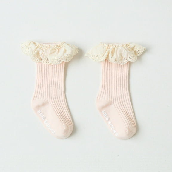 Bnwani Toddler Cotton Socks for Girls Crew Non-Slip Lace Floral Socks Pink 0-3 Months