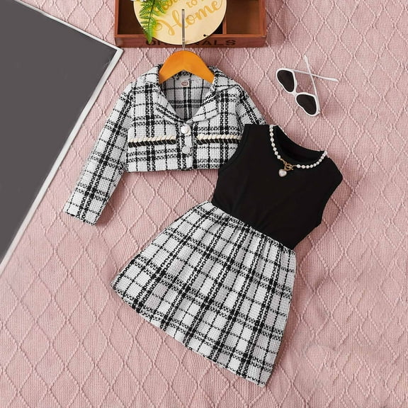 Bnwani Toddler Long Sleeve Sets Girl Winter Lapel Casual Solid Lattice Tops And Skirt Set 2 pieces Black Size 3-4t