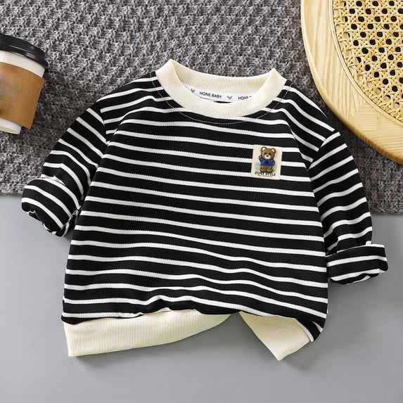 Bnwani Toddler Shirts Long Sleeve Cotton Black Crew Neck Loose Casual Fashion Striped Tops 7-8 Years