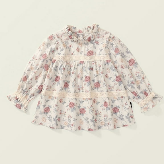 Bnwani Toddler Shirts Long Sleeve Cotton White Crew Neck Floral Printed Lace Tops 3-4t