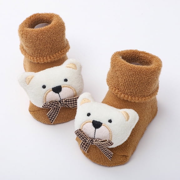 Bnwani Toddler Socks for Boys With Grips Crew Walking Floor Knitted Non-Slip Cute Socks Brown 0-3 Months